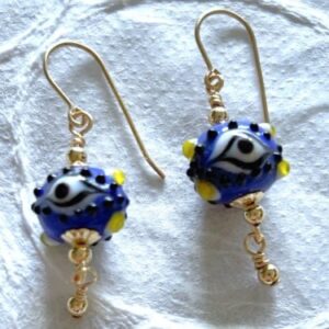 Royal Blue Eye Bead Earrings with Gold Fill wires and Gold ball dangle