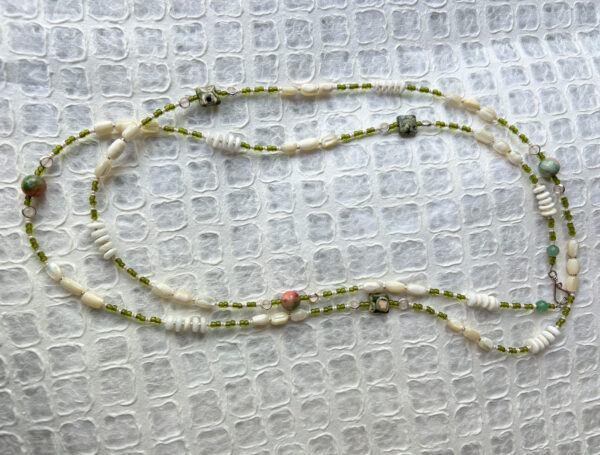 Olive and cream tone long necklace with shell, mother of pearl and stone - Image 2
