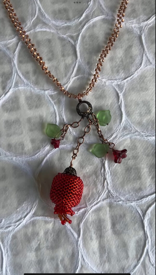 Hand-beaded red Pomegranate necklace with Czech glass flowers and leaves - Image 3