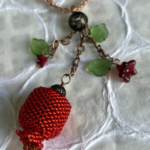 Hand-beaded red Pomegranate necklace with Czech glass flowers and leaves
