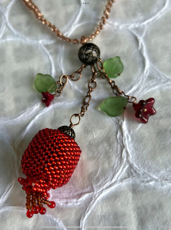 Hand-beaded red Pomegranate necklace with Czech glass flowers and leaves