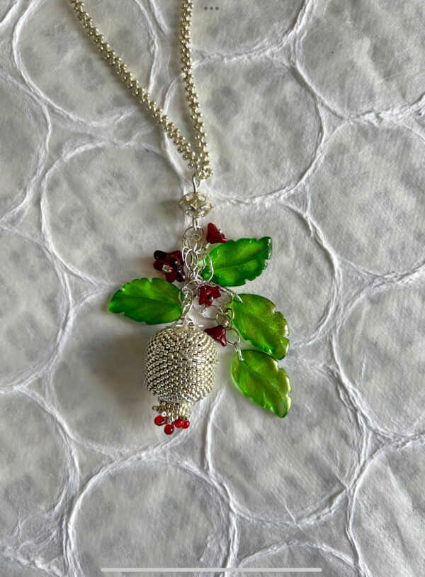 Hand-beaded Silver Pomegranate necklace with Czech Flowers and leaves - Image 3