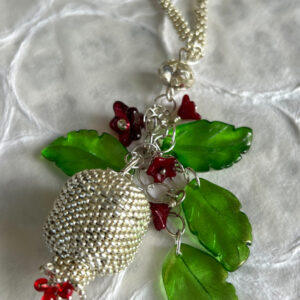 Hand-beaded Silver Pomegranate necklace with Czech Flowers and leaves