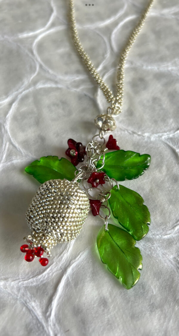 Hand-beaded Silver Pomegranate necklace with Czech Flowers and leaves