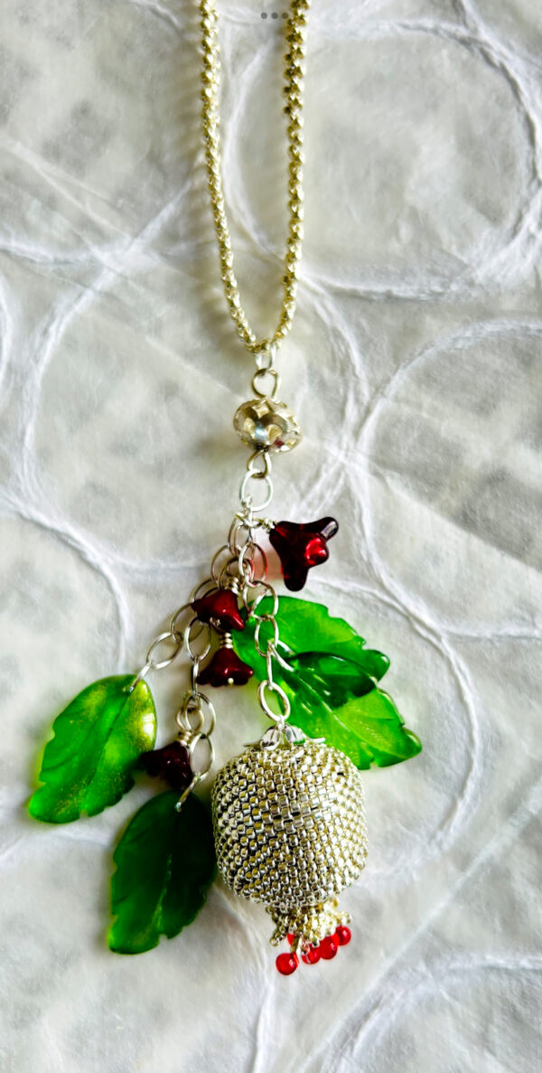 Hand-beaded Silver Pomegranate necklace with Czech Flowers and leaves - Image 4