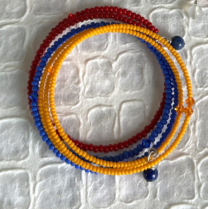 Red, Blue, Orange beaded spiral bracelet with Swarovski crystals - Image 5
