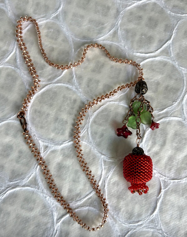 Hand-beaded red Pomegranate necklace with Czech glass flowers and leaves - Image 5