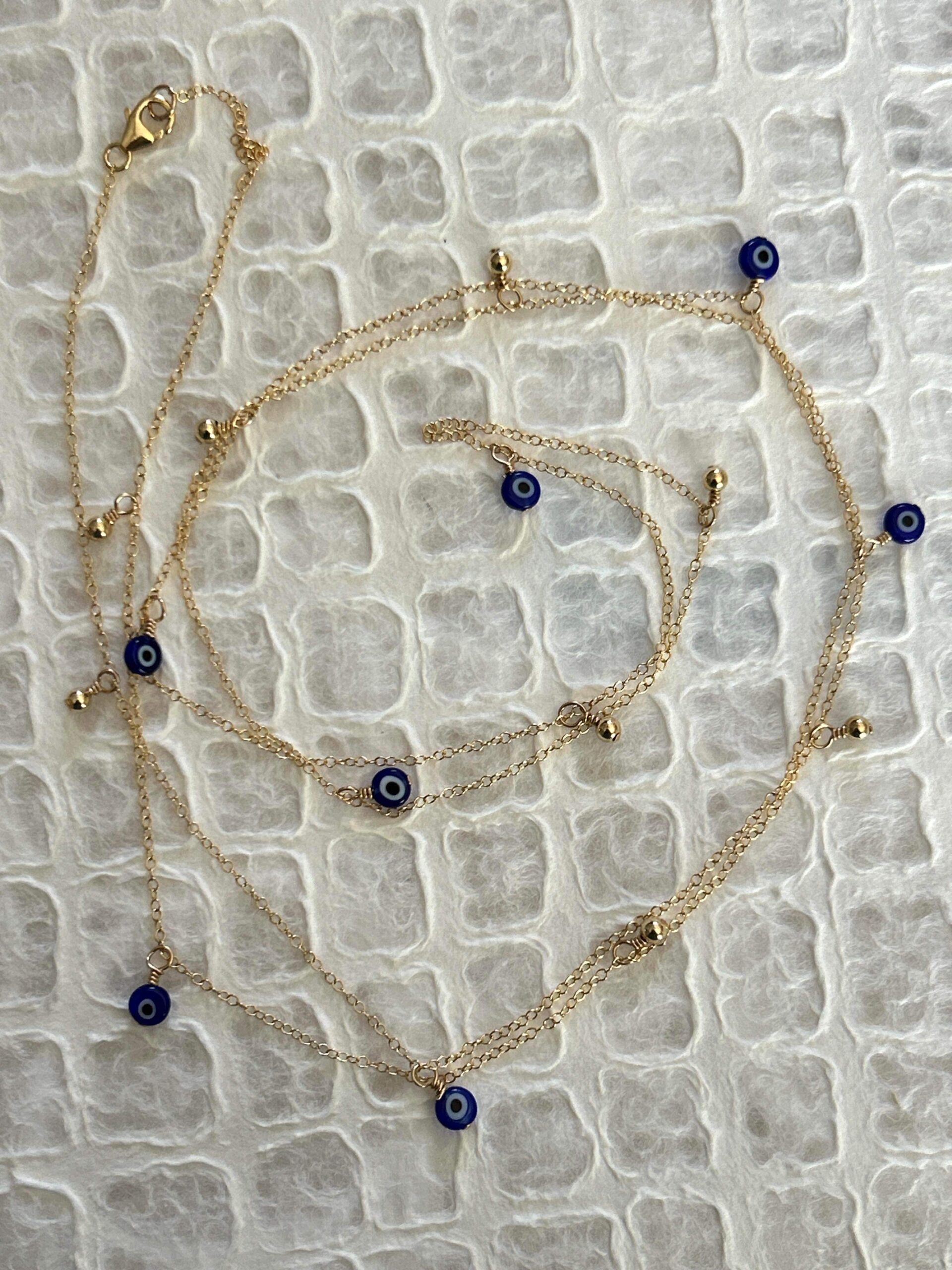 Wear it Singly, Doubled, or Tripled - Long length gold fill chain necklace with tiny evil eye beads - Image 3